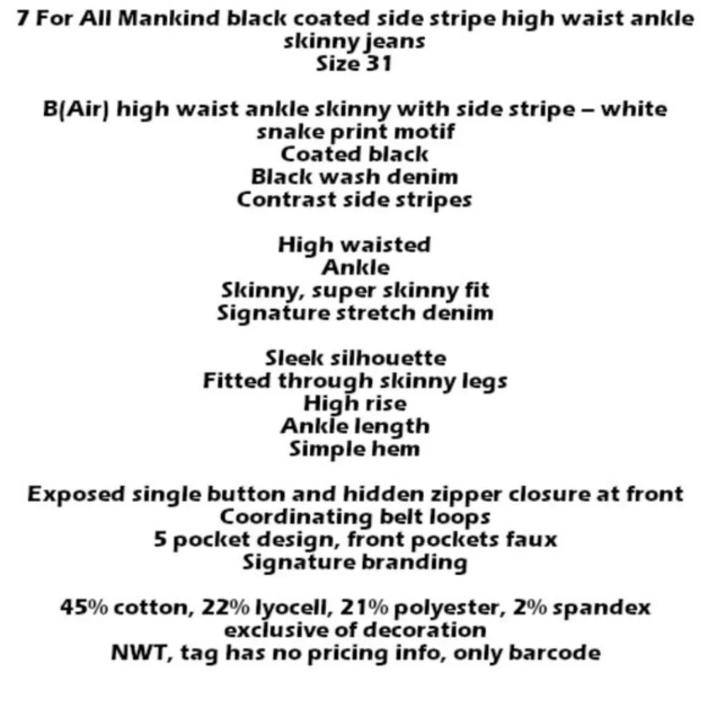 NWT 7 For All Mankind black stripe skinny jeans - Picture 11 of 13